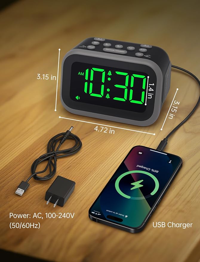 Acedeck Super Loud Alarm Clock: 115dB Wake-Up Power | Dual Alarms and 6 Alarm Sounds for Heavy Sleepers Adults and Shift Workers - Bedroom and Daily Wake-Up Use (Green Digits)