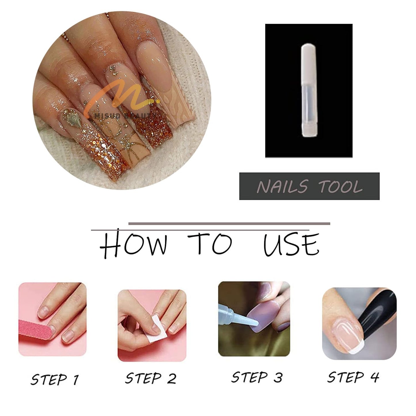 MISUD Press on Nails - Long Square Fake Nails with Gold Brown, Acrylic Bling Glitter Design 24 pcs