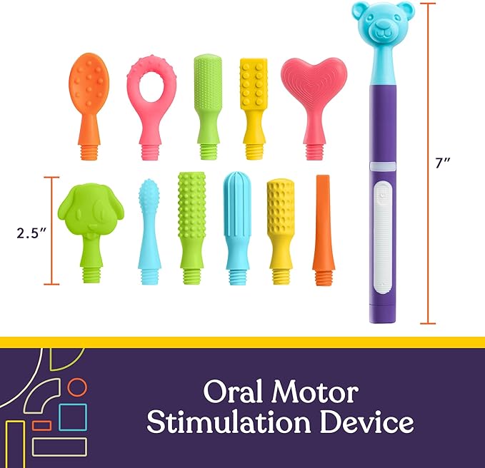 Special Supplies Buzz Buddy Oral Motor Stimulation kit with 12 Soft Textured Interchangeable Heads, Calm Sensory Needs, Support Speech, and Stimulate Self Feeding, Gentle Vibrations