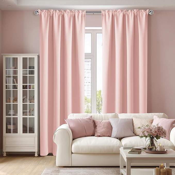 DWCN Blackout Curtains – Thermal Insulated, Energy Saving & Noise Reducing Bedroom and Living Room Curtains, Blush Pink, W 52x L 95 Inch, Set of 2 Rod Pocket Curtain Panels