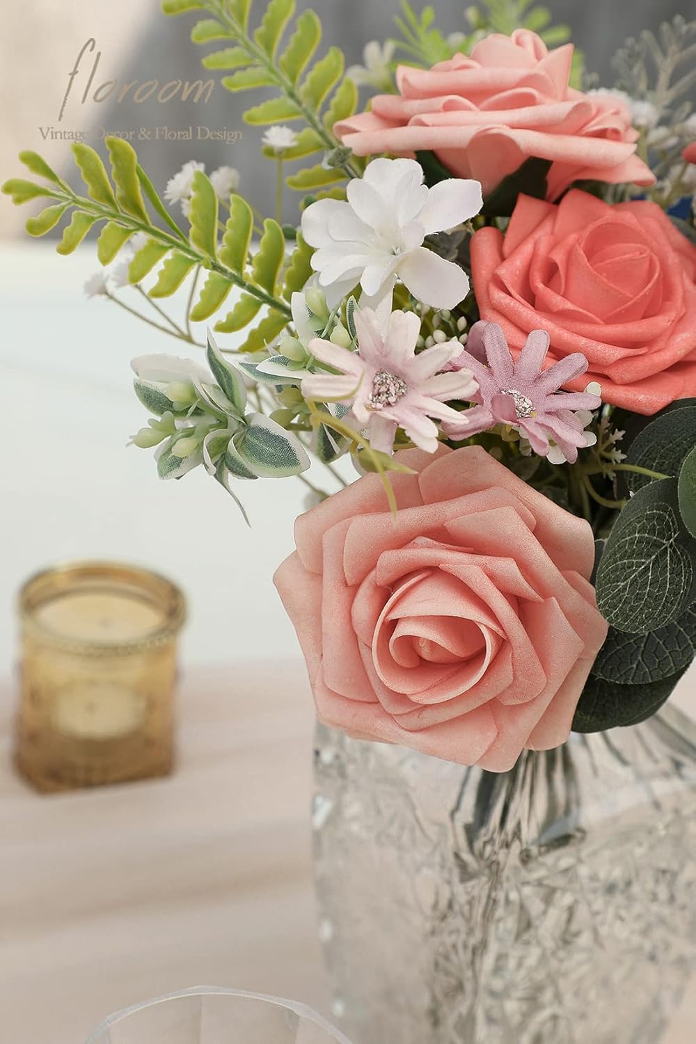 Floroom Artificial Flowers 25pcs Real Looking Mixed Living Coral Foam Fake Roses with Stems for DIY Wedding Bouquets Bridal Shower Centerpieces Floral Arrangements Party Tables Home Decorations