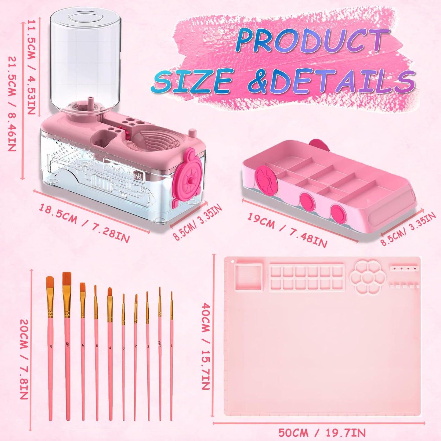 Velachuan Paint Brush Cleaning Kit for Kids with 5 Brushes, Art Smock, Washable Mat, Guidebook, Spiral Brush Cleaner Jar for Watercolor(Pink)