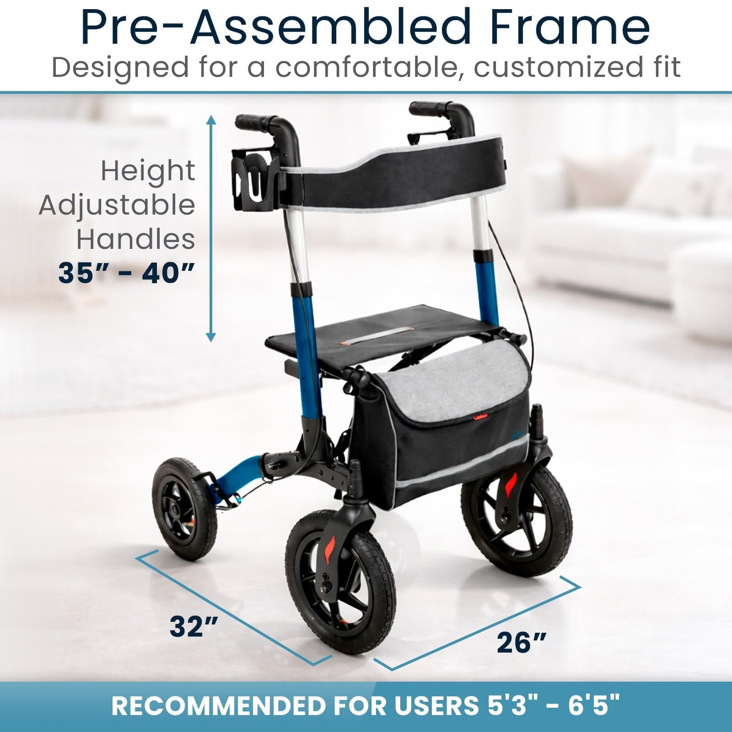 Vive All-Terrain Rollator Walker with 12” Pneumatic Wheels - Padded Seat & Backrest, Lightweight Outdoor Rolling Walker with Big Wheels - Foldable with Height Adjustments