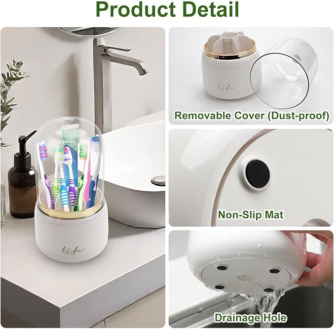 EEEKit Toothbrush Holder with Lid, 360° Rotating 7-Slot Organizer for Bathroom Countertop, Toothpaste Stand and Storage Rack
