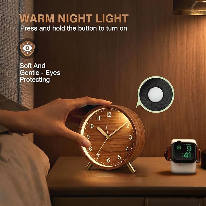 Analog Alarm Clock, Silent Non-Ticking with Night Light, Retro Fashionable Round Metal Alarm Clock for Office, Battery Operated, Bedroom, Elderly, Adults, Men Gifts Back to School,Wood-like Color