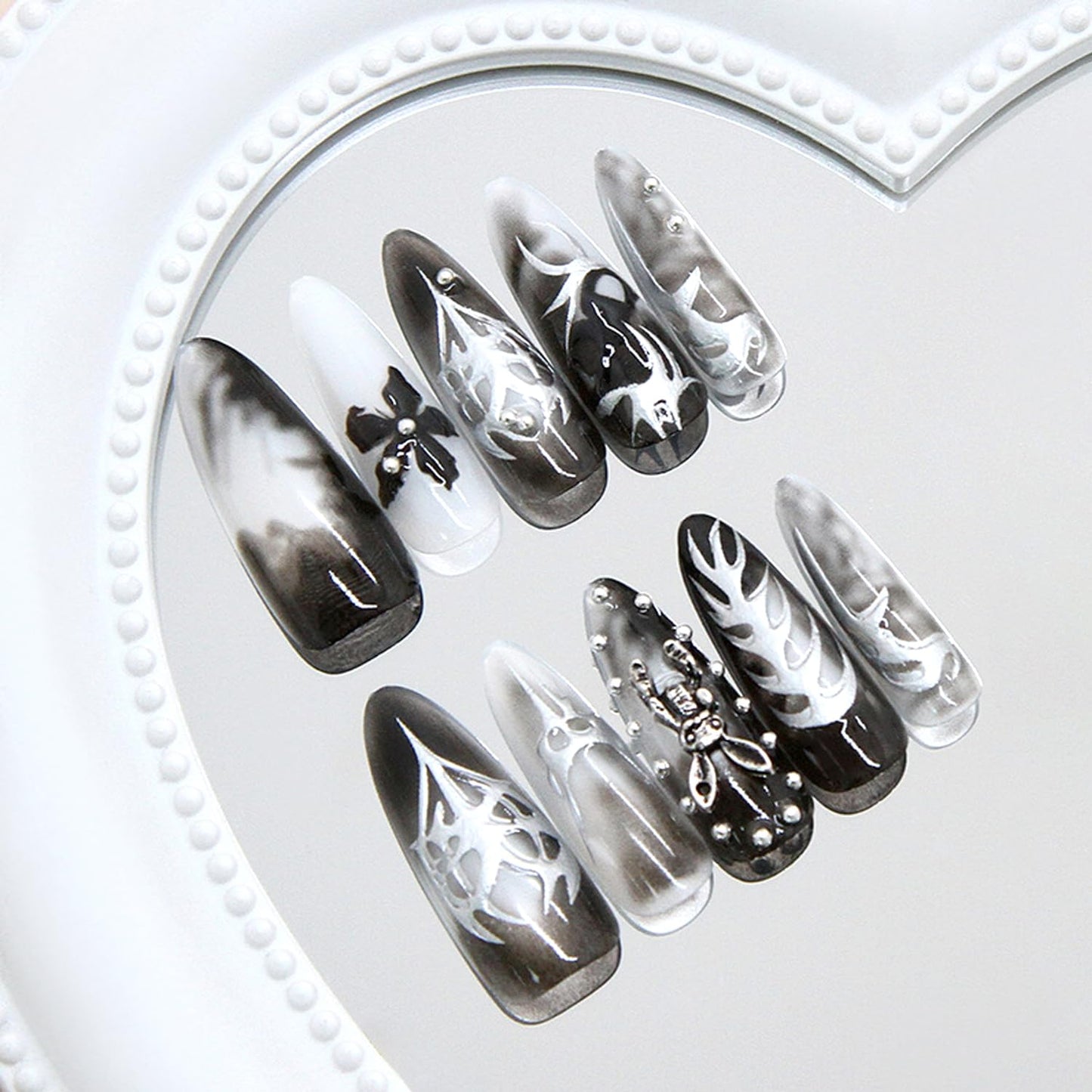 30Pcs Black Smudge Press on Nails Long Almond Fake Nails 3D Flower & Rabbit Design False Nails Chrome Silver Acrylic Nails Silver Metal Irregular Line Full Cover Y2K Star Heart Stick on Nail for Women