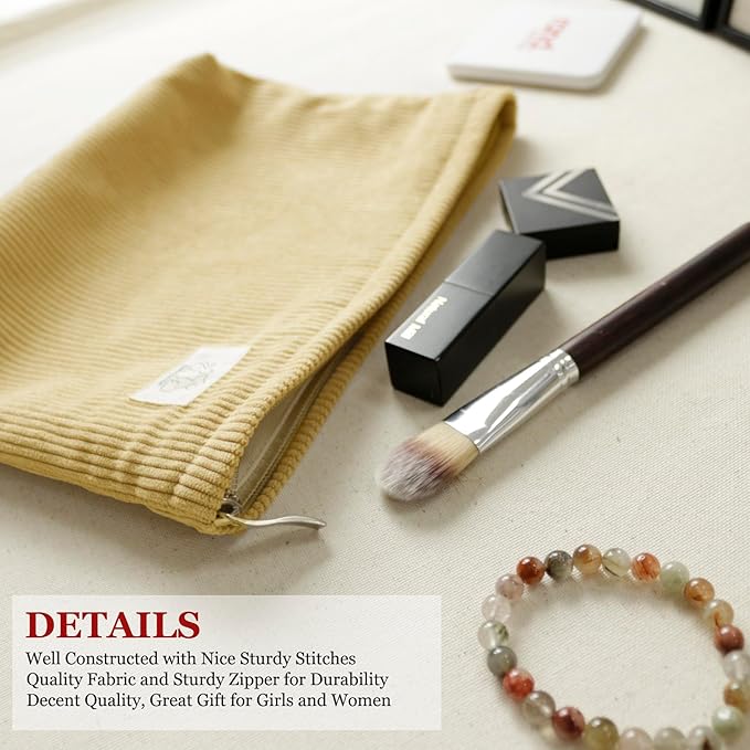 HAPPYHEIDI Cute Corduroy Pouch Makeup Bag Cosmetic Toiletry Travel, Tote Purse Organizer, Machine Washable, Large Capacity, Camel Yellow Brown