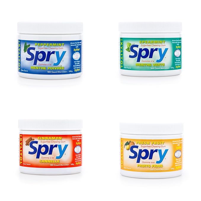 Spry Fresh Natural Xylitol Chewing Gum Dental Defense System - Aspartame-Free, Sugar-Free, Non-GMO, Gluten-Free (Variety Pack, 100 Count - Pack of 4)