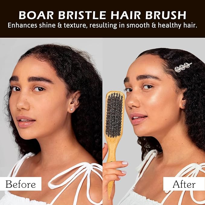 Slick Back Hair Brush & Wax Stick Set for Slick Back Hair – Teasing Boar Bristle Hair Brush for Sleek, Control, Flyaways & Baby Hairs – Wax Stick for Women Sectioning & Smoothing Ponytail Bun