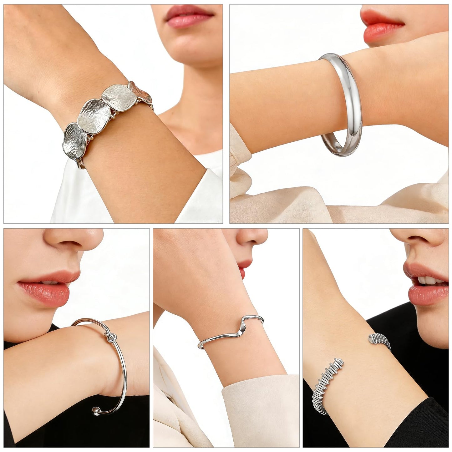 VEINARDYL Silver Bracelets set for Women, Silver Plated Bangles Cuff Bracelets Stack, Open Adjustable Bangles Fashion Accessories Jewelry Set for Gifts Birthday Valentines Day