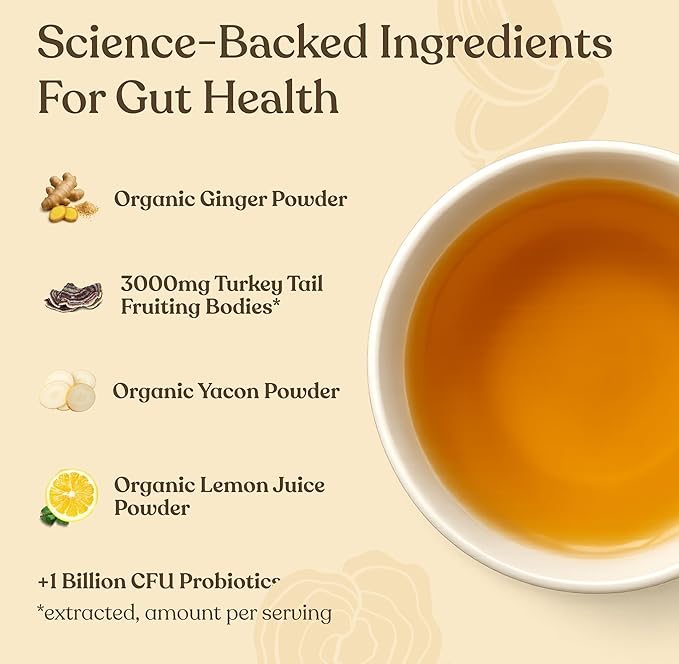 Four Sigmatic Gut Health Organic Herbal Tea | Organic Lemon Ginger Tea with Probiotics & Turkey Tail Mushroom | Instant Digestive Tea | Vegan, Gluten-Free | Lemon Ginger, 24 Servings