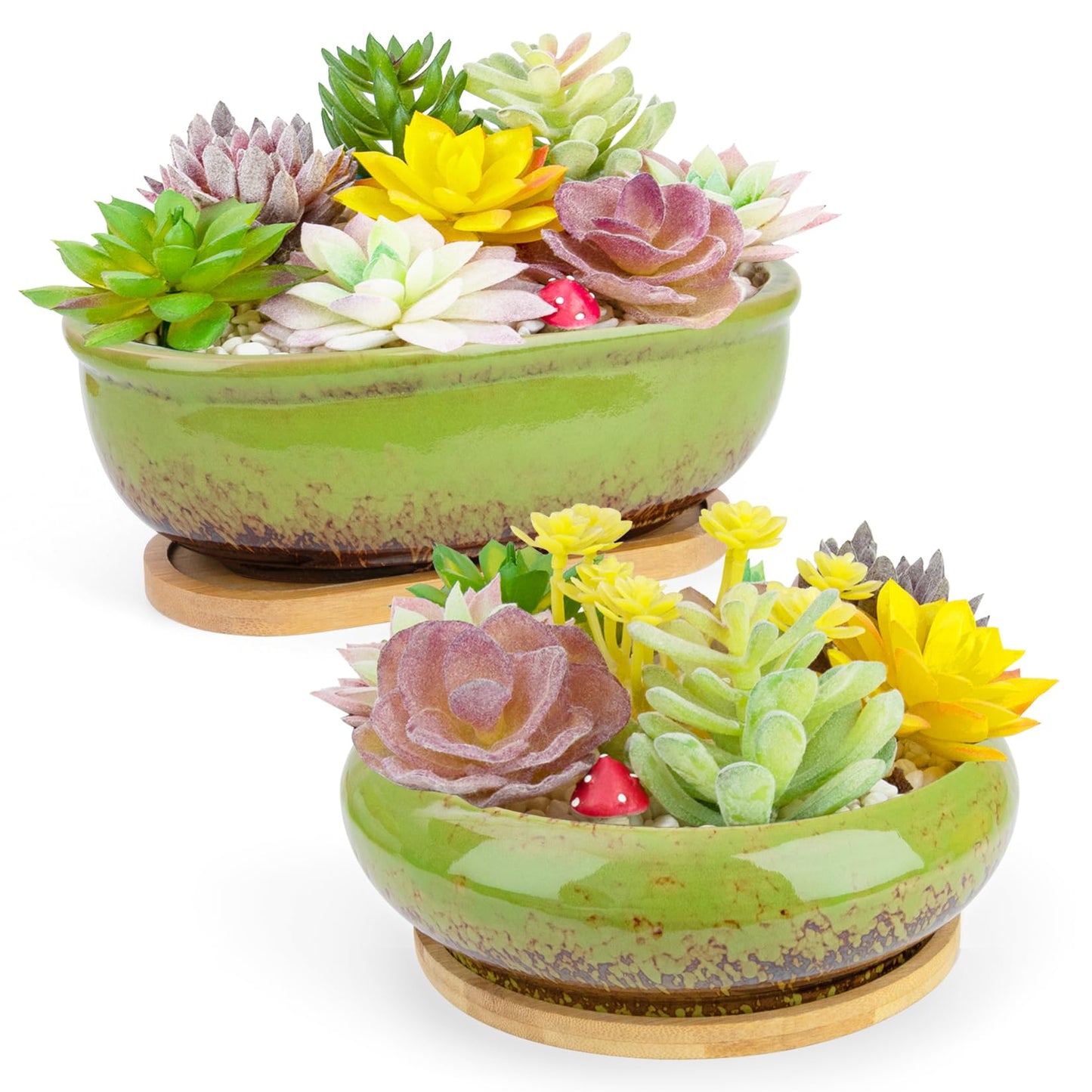 Succulent Pots, 1 Rectangle Planter + 1 Ceramic Bonsai Pot with Drain Tray, 2 Pack Large Shallow Succulent Planters for Indoor Plants, Round Cactus Flower Plant Pot for Desk Windowsill Decor