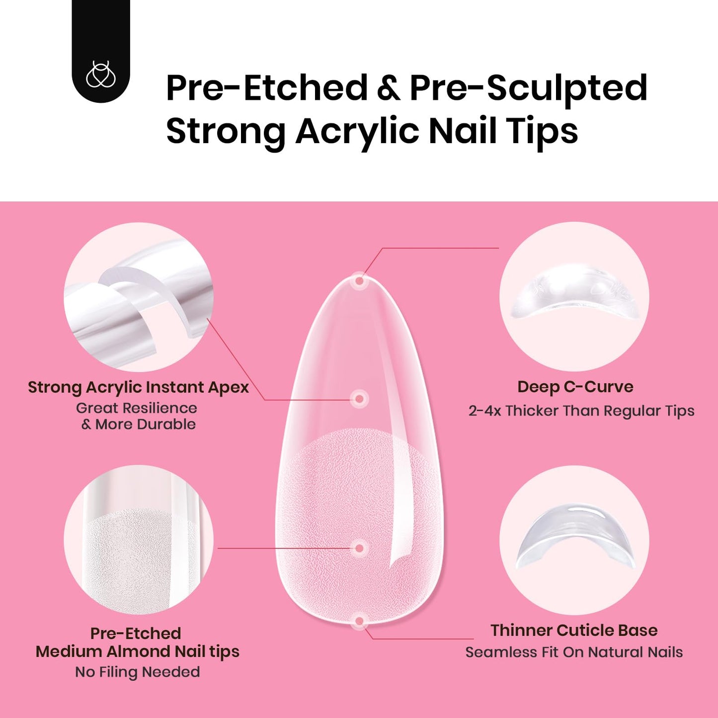 Beetles Tipex Nail Tips Kit Almond Medium, 224Pcs 16 Sizes,Pre-building Pre-Etched Strong Thicker Acrylic Tips with Mini U V Lamp Tipex Nail Glue