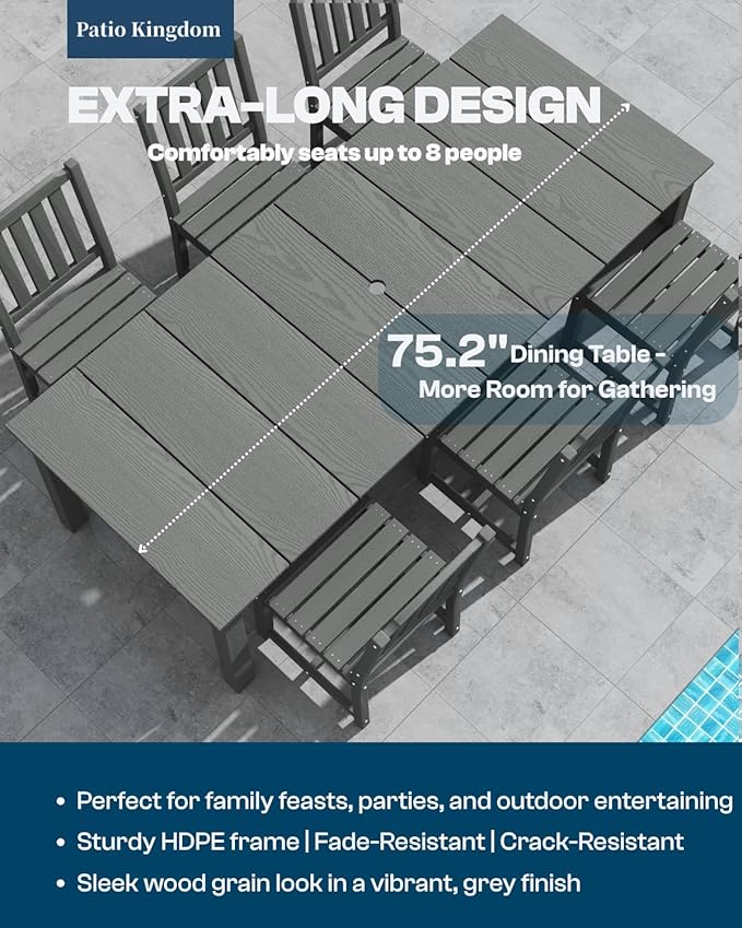 9-Piece Outdoor Dining Set for 8, 75.2'' HDPE Table with Umbrella Hole & Chairs, Weather-Resistant Patio Furniture for Lawn, Yard, Balcony, Deck (Grey)