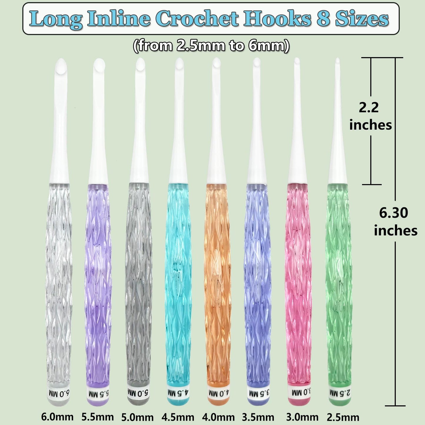 Hobekoee Inline Crochet Hooks Set,8PCS Plastic Crochet Hooks Long Crochet Hook Set with Case,Colorful Non-Slip Crochet Needles for Crocheting Yarn,Size 2.5mm-6mm