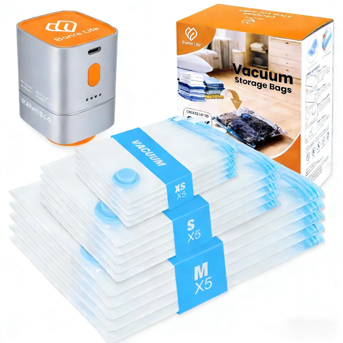 Travel Vacuum Storage Bags with Compact Cordless Pump, 15-Pack Space Saver Vacuum Seal Bags for Clothing & Luggage, Reusable Compression Bags in 3 Carry-On Sizes