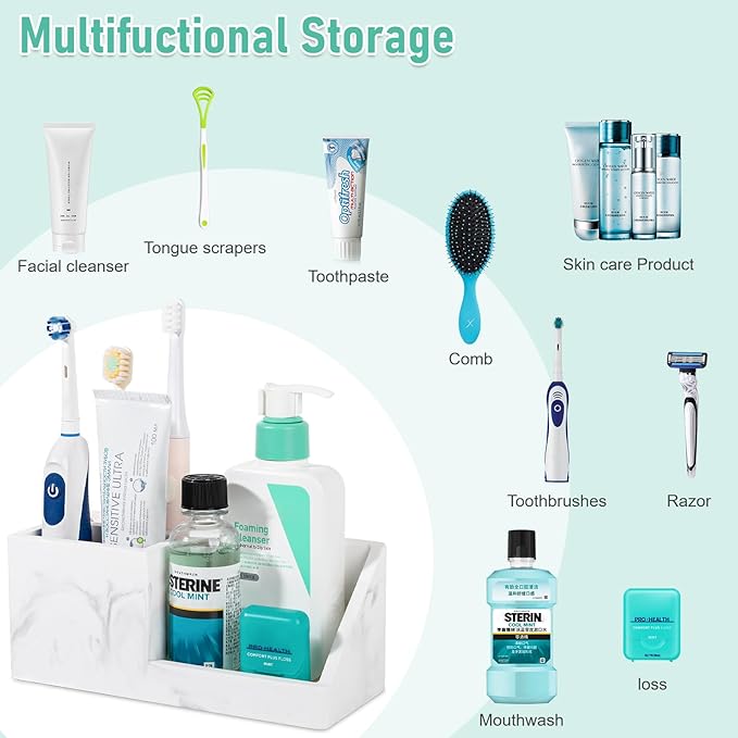 Diatomite Toothbrush Holders for Bathrooms, Quick Dry Electric Tooth Brush and Toothpaste Organizer Bathroom Accessories for Countertop, Vanity, Sink - Marble White