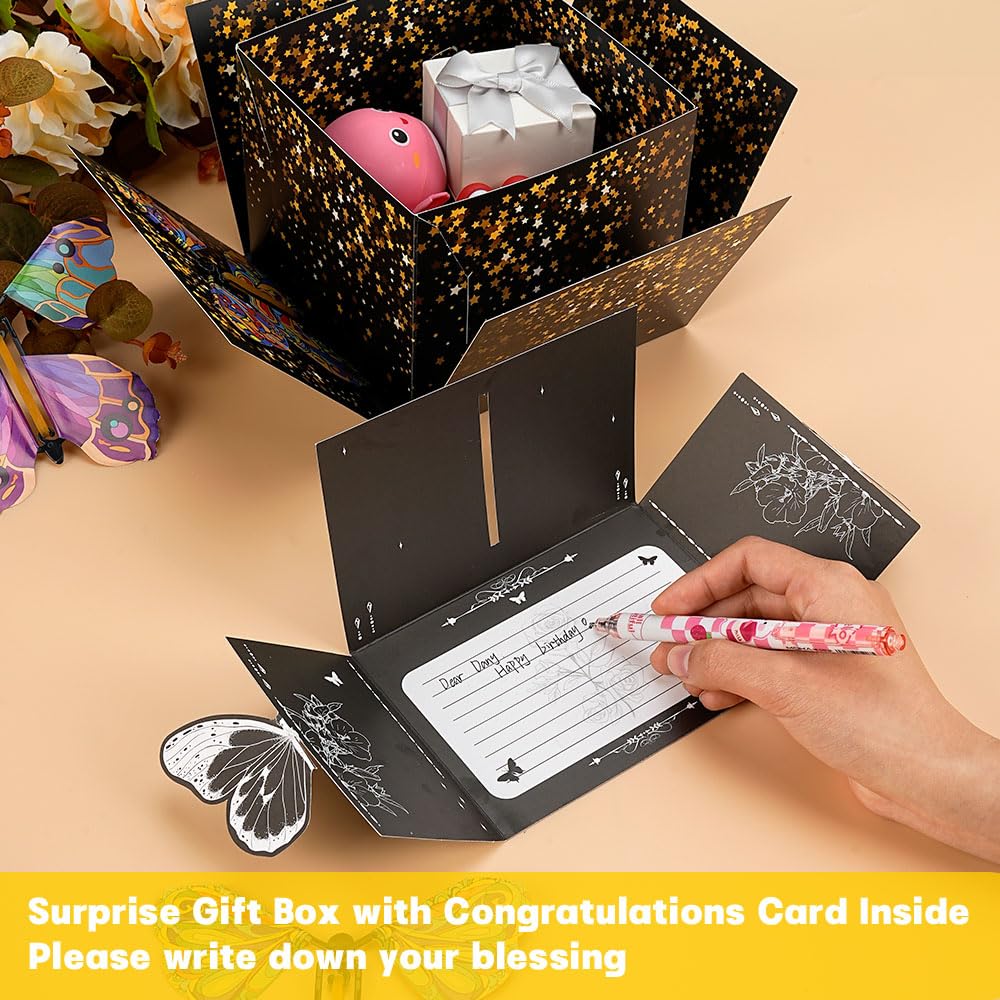 WCHOSOZH Surprise Explosion Gift Box with 4Pcs Flying Butterflies, Exploding Gifts Box with Congratulation Card, Butterflybirthday Surprise Boxes for Birthday Wedding Anniversaries Party Mothers Day(Black)