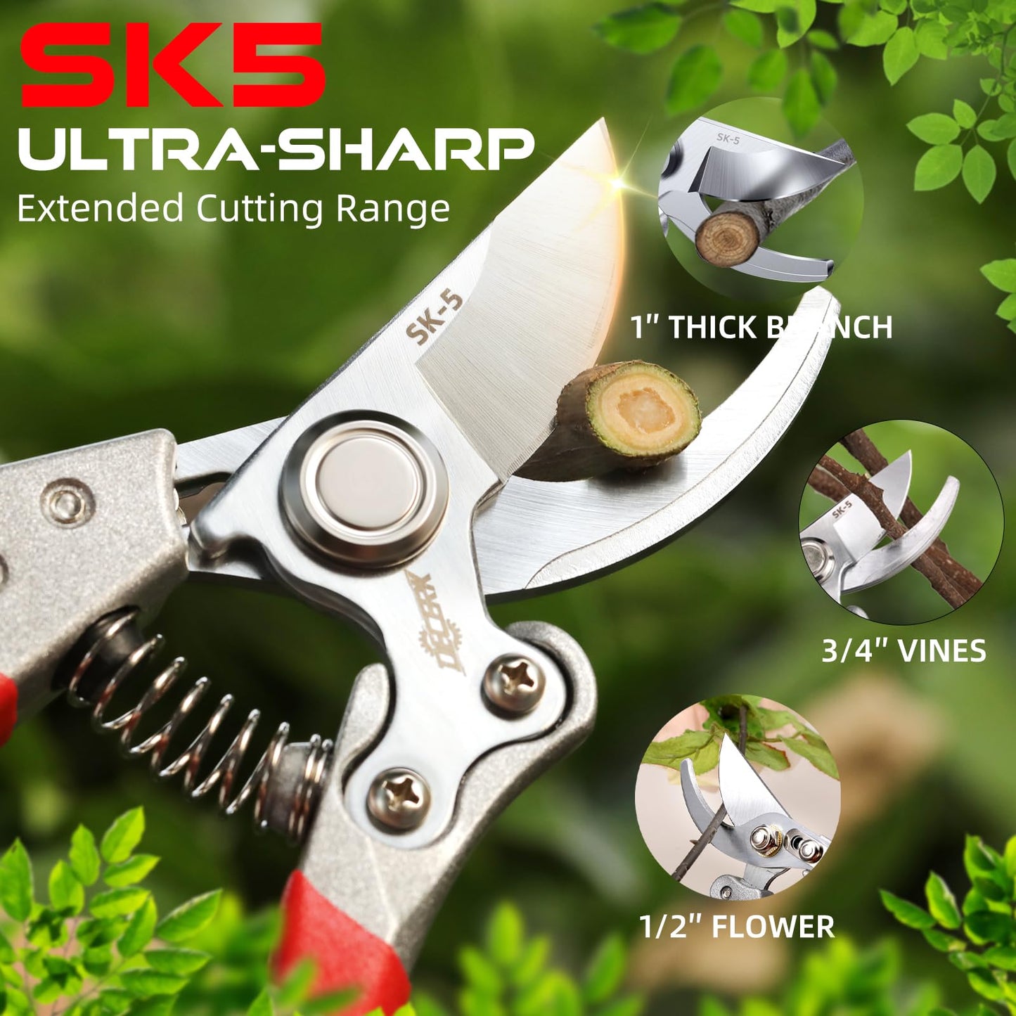 DECERK Professional Bypass Pruning Shears, Ultra Sharp Garden Scissors & Clippers, Effortless 3/4" Branch Hedge Clippers