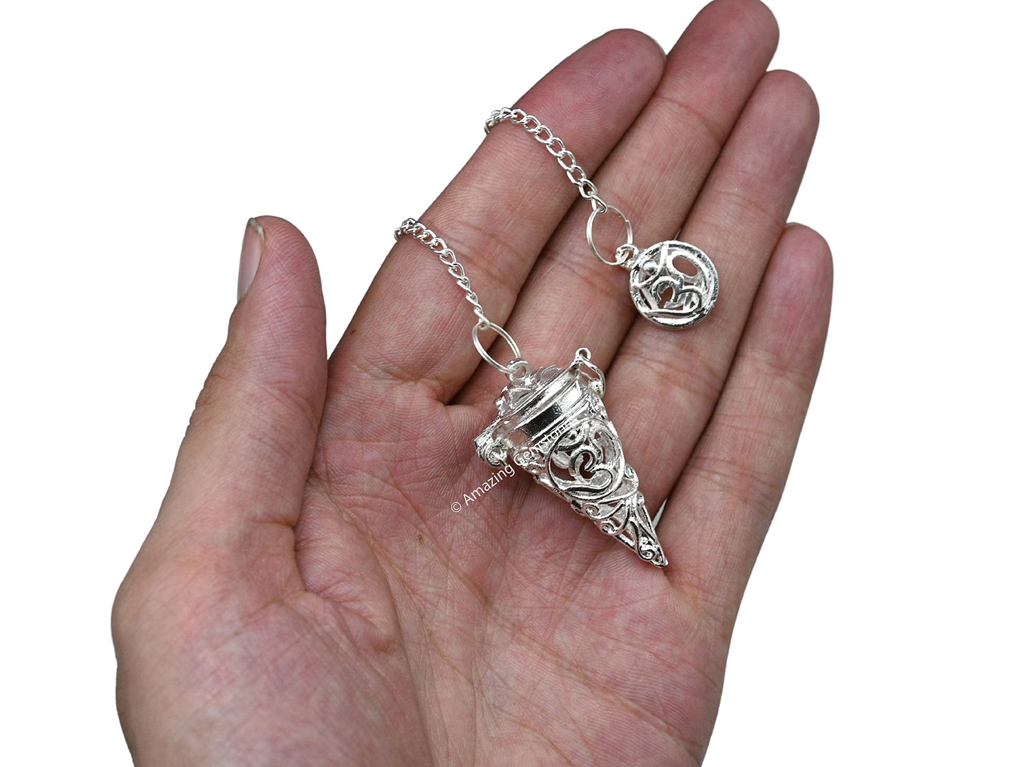 Amazing Gemstone Healing Metal Pendulums for Divination, Silver Om Chamber Cone Steel Copper Pendulum High Energy Pendulo de Bronce Pendulos de Mesa MP106