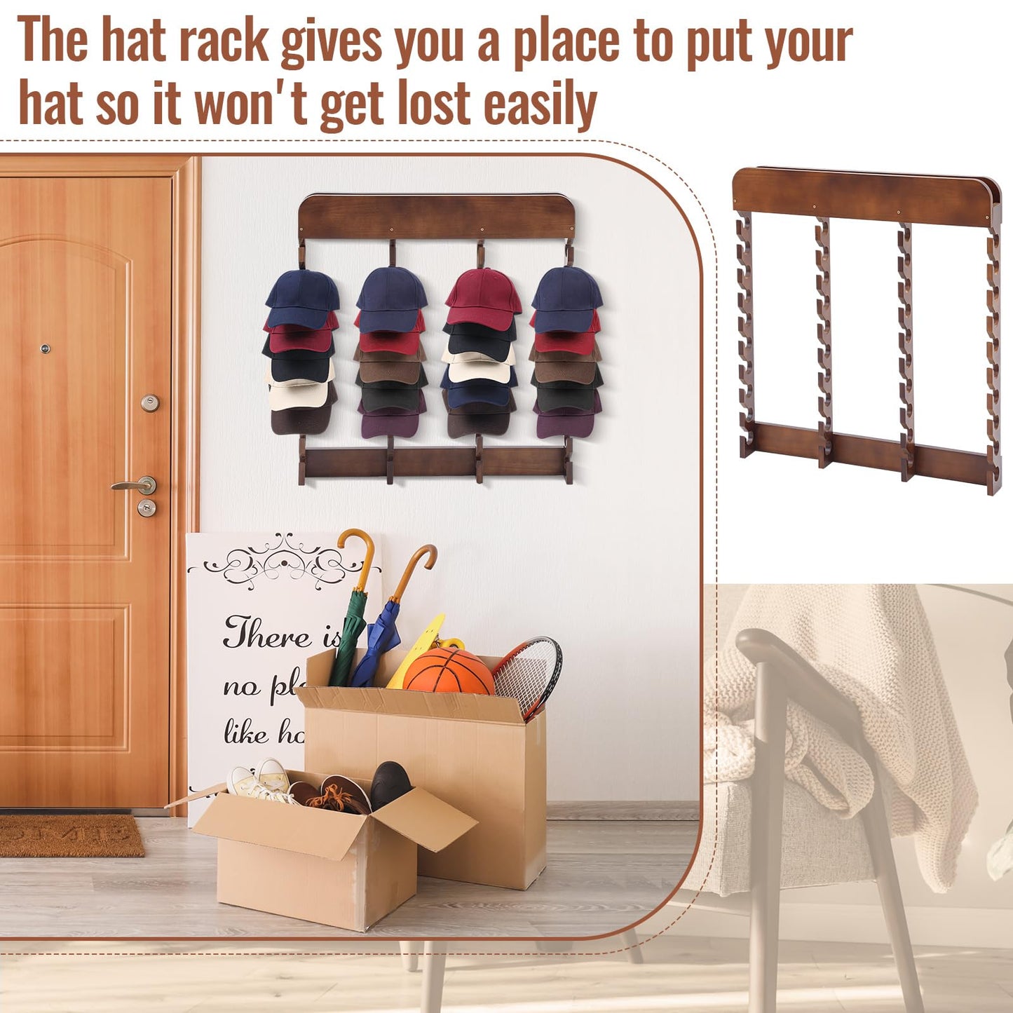 Wonderjune Wooden Hat Racks for Baseball Caps,40 Slots,Four Times,Baseball Cap Display Racks Vertical Class for Hats,Hat Organizer Wood Cap Hanger for Bedroom,Living Room,Entryway,Brown