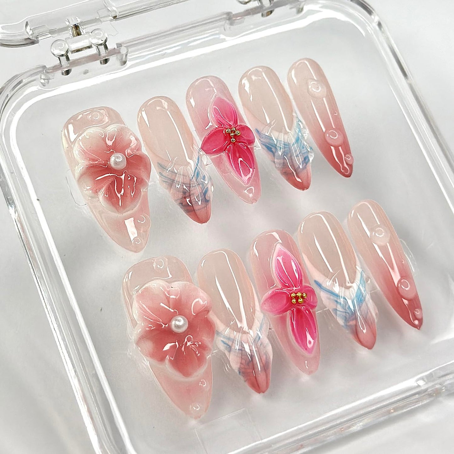 Luxury Press on Nails Medium Almond Handmade 3D Unique Reusable ABS Material Fake Nails Pink&White False Nails with Designs Pink Flower Water Drop Art Petal Glossy Glue on Thick Acrylic Nails(S)