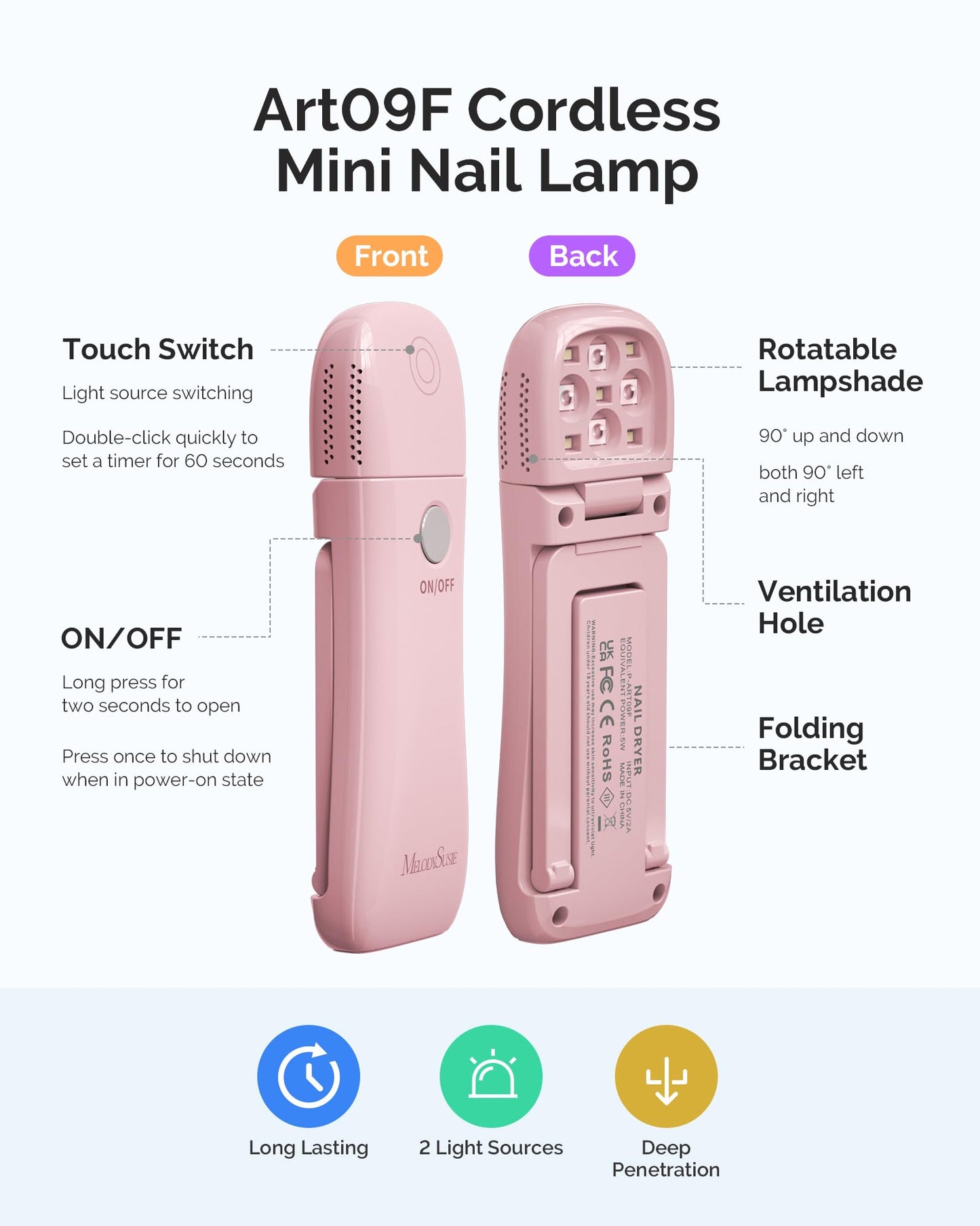 MelodySusie Cordless UV Nail Lamp with Fold-Out Stand,P-Art09F Foldable UV Light with 2-in-1 Lighting & Curing Function, Rechargeable, Flash Cures All Soft Gels Especially Half-Cured, Base & Top Coat