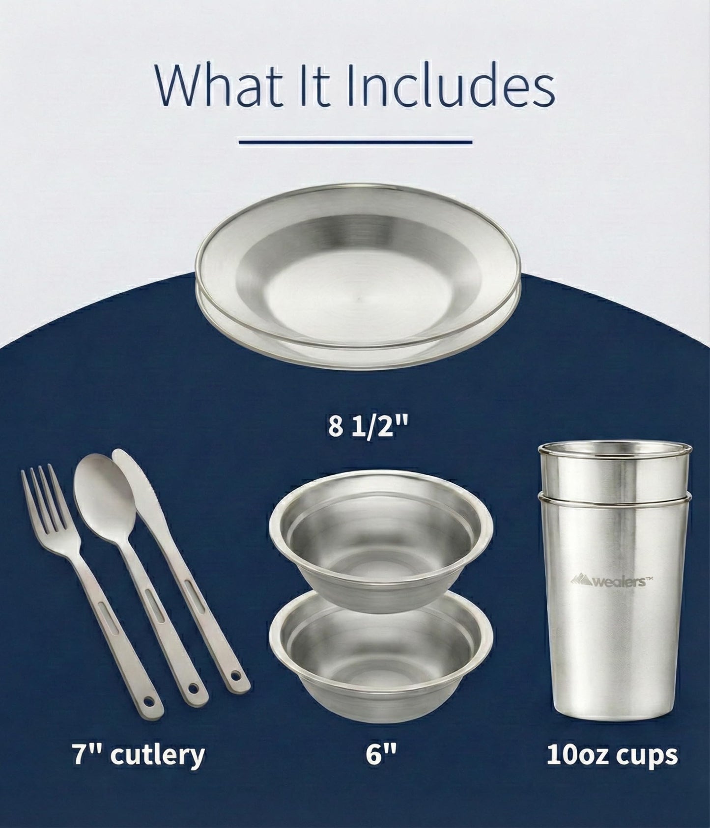 Wealers Unique Complete Messware Kit Polished Stainless Steel Dishes Set| Tableware| Dinnerware| Camping| Buffet| Includes - Cups | Plates| Bowls| Cutlery| Comes in Mesh Bags (2 Person Set Blue)
