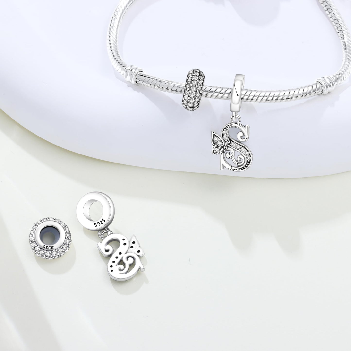 PANPOKI 2 Pack 925 Sterling Silver Butterfly Letter Charms for Bracelets and Necklace Alphabet Dangle Pendants Round Spacer Beads Pave Cubic Zirconia Jewelry Gift for Women (S Set)