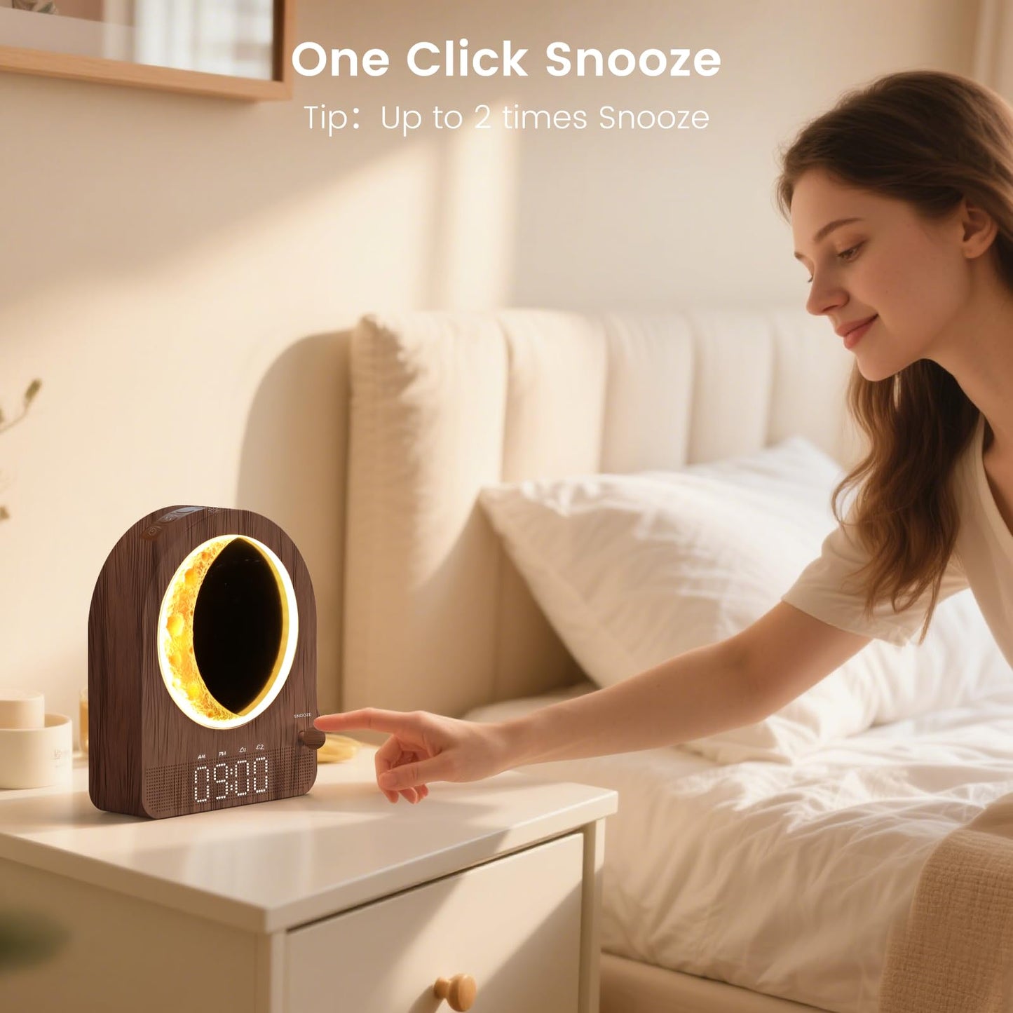 Epochleno Sunrise Alarm Clock, White Noise Machine & Meteor Moonlight - 10 Soothing Sounds, Dual Alarms, 30/60/90min Timer, Easy Snooze - Bedroom Gift for Insomnia Adults/Women - Walnut
