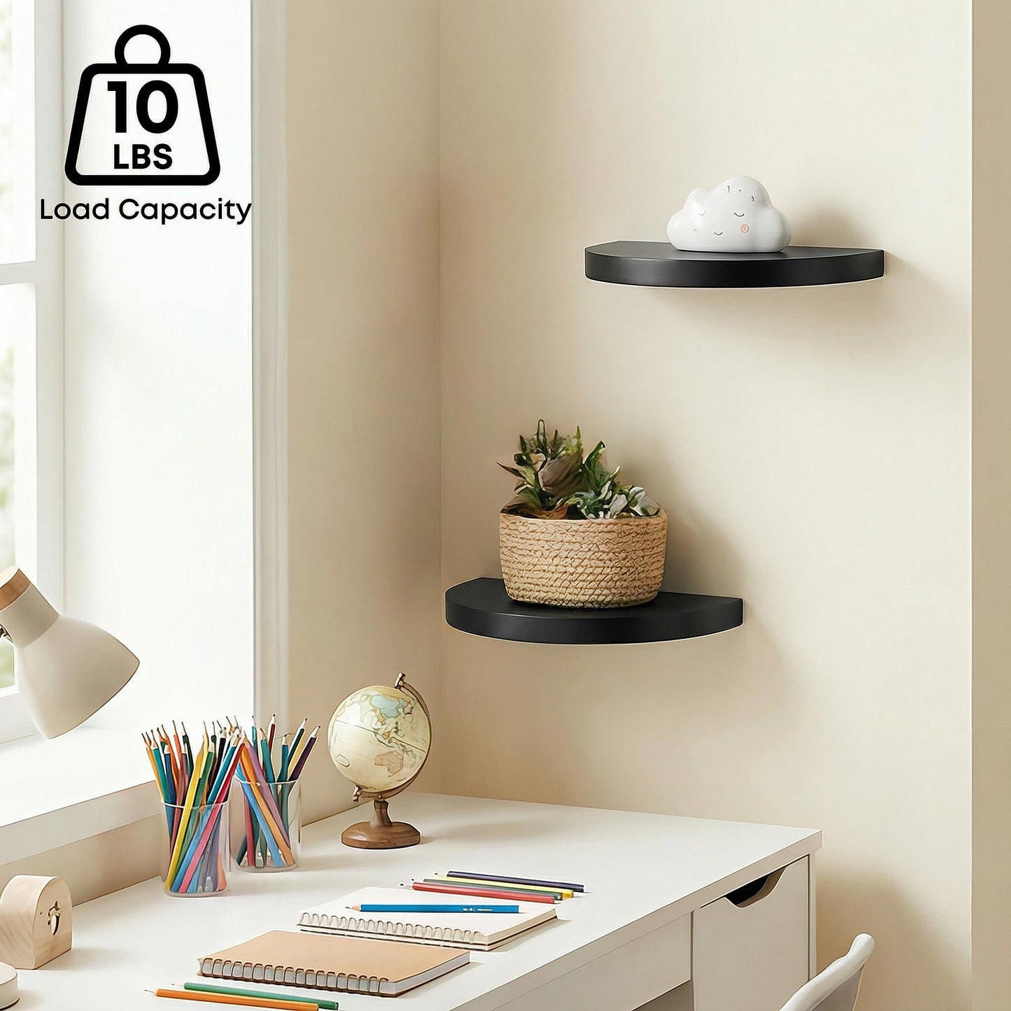 MITREL Small Wood Floating Shelves (2-Pack, 6-inch Diameter) - Round Sturdy Invisible Wall Mount Display for Small Plants,Toys,Bathroom,Living Room Storage & Modern Rustic Décor (Black)
