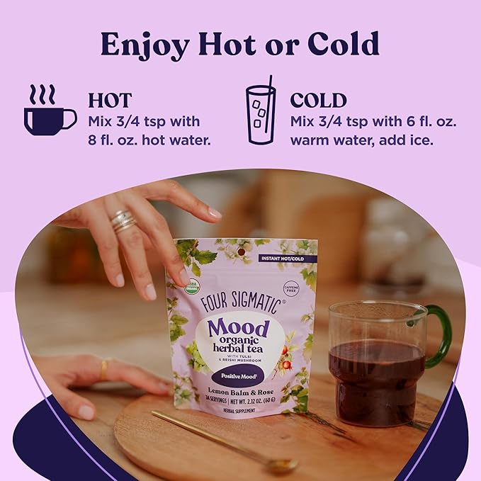 Four Sigmatic Mood Organic Herbal Tea | Enhance Emotional Well-Being with Tulsi & Reishi Tea | Calming Lemon Balm Tea w/Adaptogens | Vegan, Gluten-Free | Lemon Balm & Rose, 24 Servings