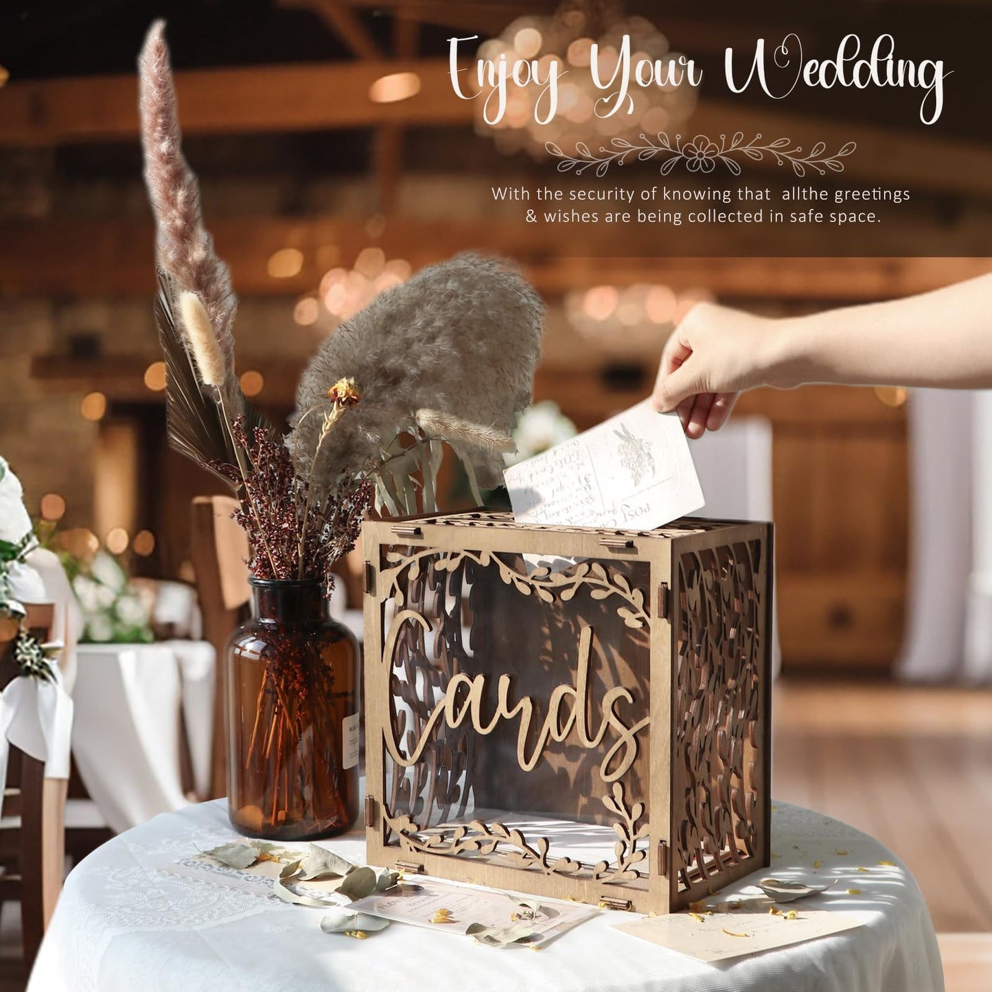 OurWarm Wedding Card Box with Window, Brown Wooden Box Wedding Decorations for Reception, Money Index Card Box for Weddings Bridal Shower Rustic Weddings Decor Party Decorations