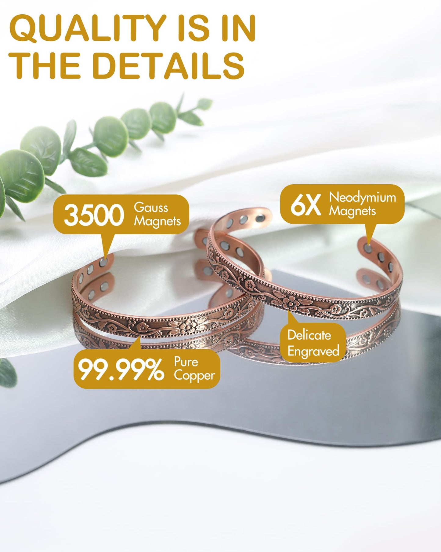 Feraco Copper Bracelet for Women, Ultra Strength Magnetic Bracelets, 99.99% Pure Copper Cuff Bangle with 3500 Gauss Neodymium Magnets, Adjustable, Vintage Flower Collection