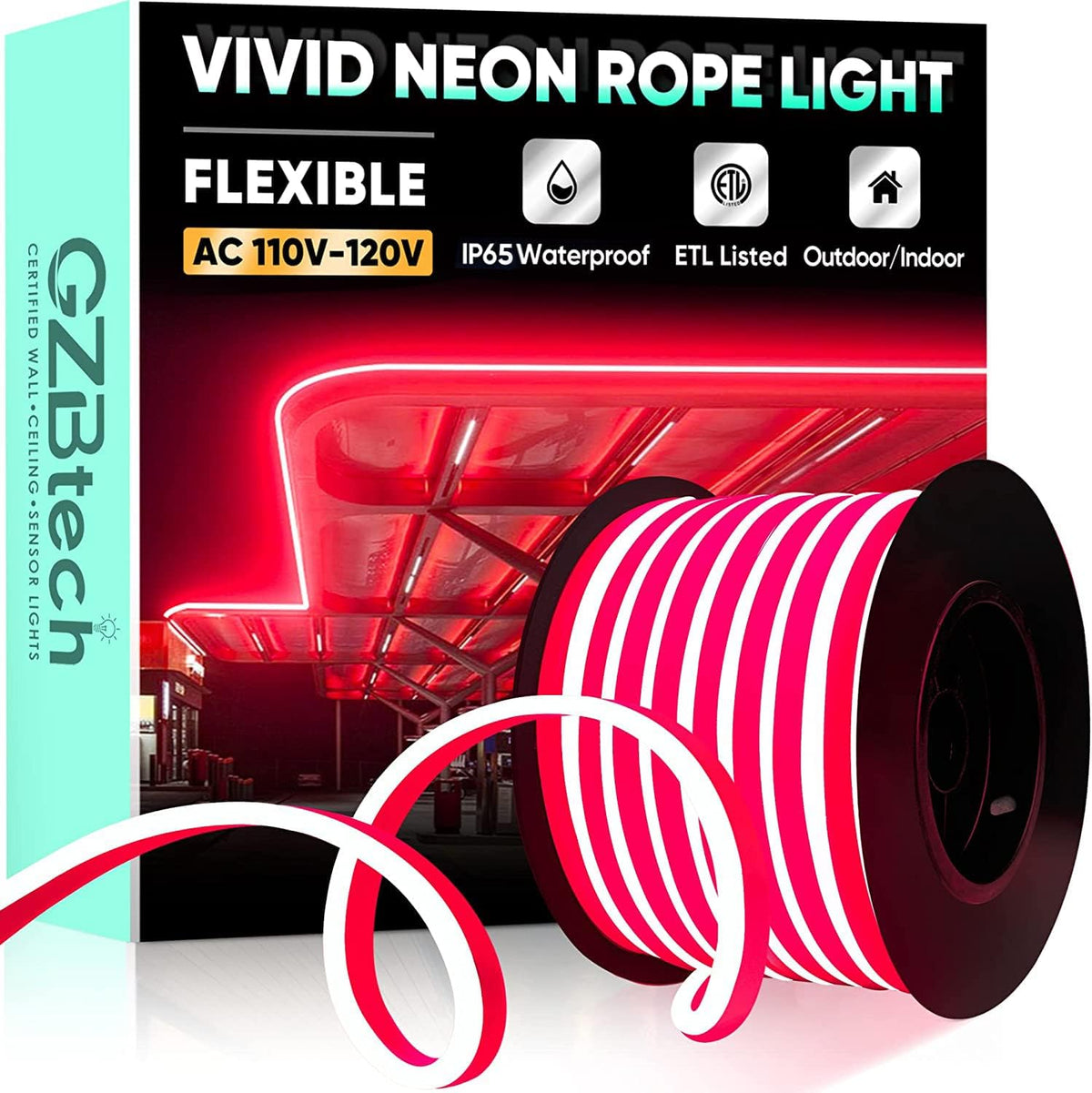GZBtech Flexible LED Neon Rope Lights 66FT,AC 110-120V Waterproof Strip Light, 120 LEDs/M Cuttable Connectable Neon Lighting for Indoor Outdoor Home Decor/Commercial Building Use-Red 20M