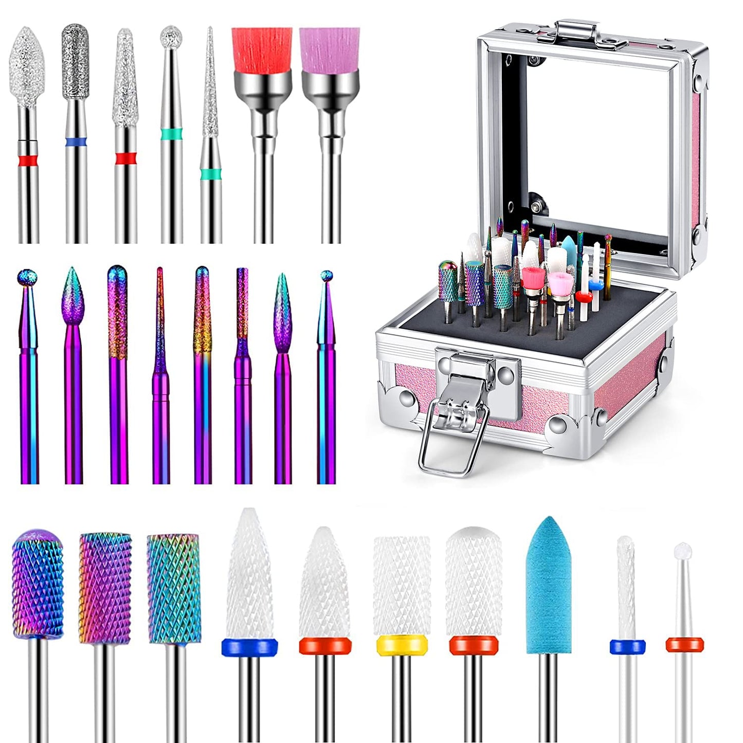 25Pcs Nail Drill Bits Set with Holder, 3/32 Inch Ceramic Tungsten Carbide Diamond Nail Drill Bit Cuticle Efile Remover for Home Salon Manicure Pedicure Acrylic Gel Polish