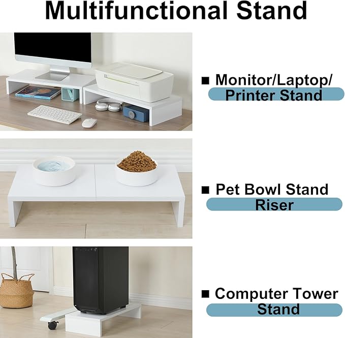 TEAMIX 2 Pack White Monitor Stand Riser - 20 inch, Wooden Desktop Stand for PC/TV/Laptop/Printer, Monitor Riser with Storage, Computer Stand with Keyboard Organizer