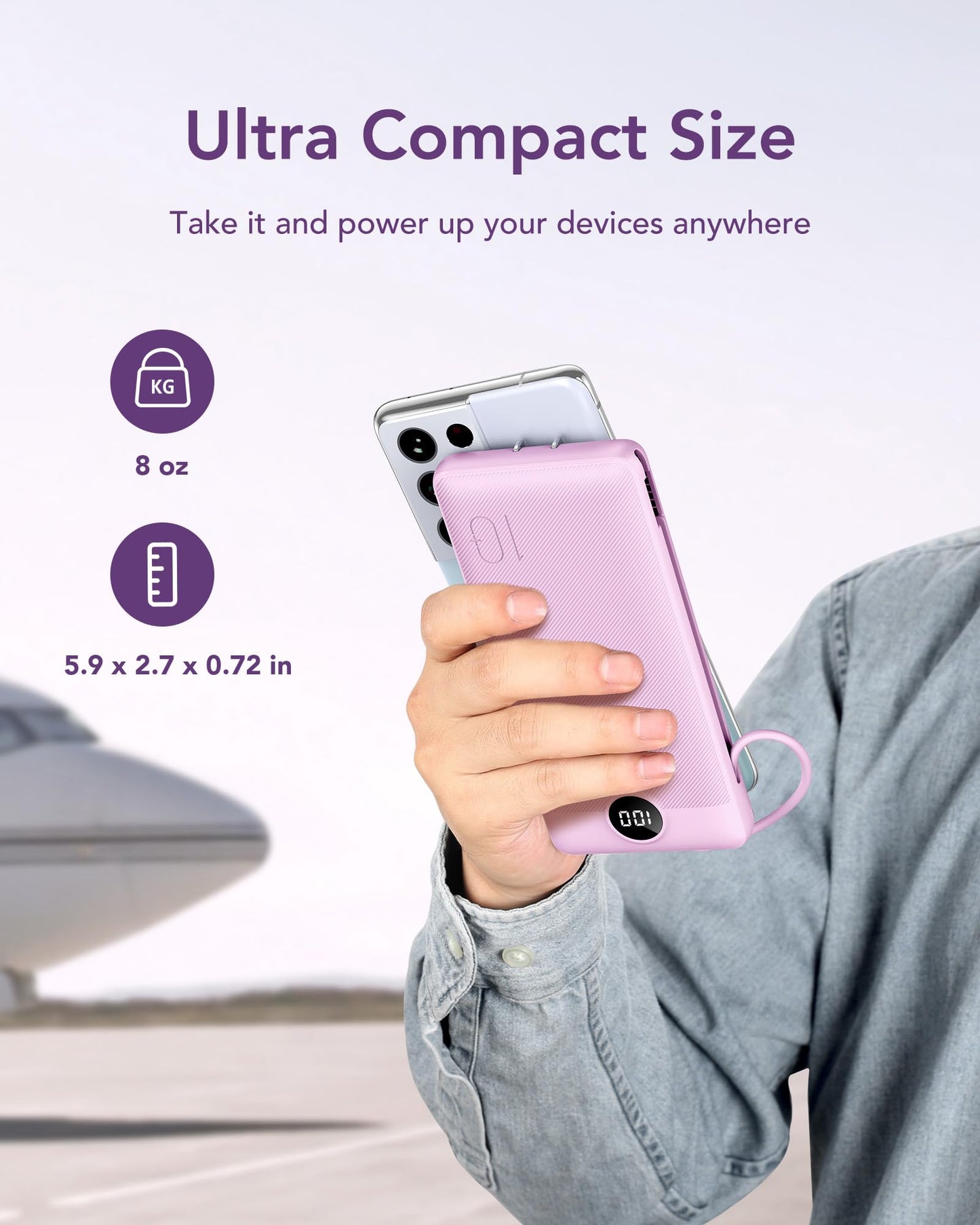 VEGER Portable Charger with Built-in AC Plug and Cables, All in One 10000mAh Ultra Slim Power Bank Travel Essentials, Fast Charging Battery Pack Compatible with iPhone, Samsung, Android (Purple)