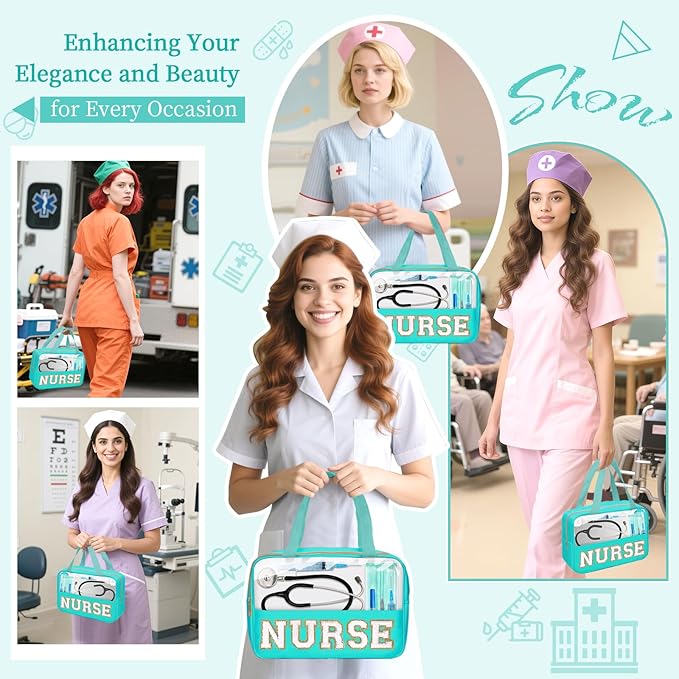 Nurses Week Gifts Chenille Letter NURSE Makeup Bag for Women,Preppy Nurse Cosmetic Pouch Zipper with Handle Nurse Essentials Bag for Work Supplies,Medical Assistant Bag Nursing Students(NURSE-Green)