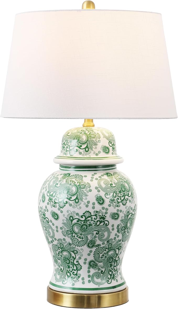 JONATHAN Y 29.5" Green/White Ceramic Table Lamp for Living Room and Office, White Linen Drum Shade, Traditional Chinoiserie Ginger Jar Lamp, LED Bulb Included (JYL3008D)