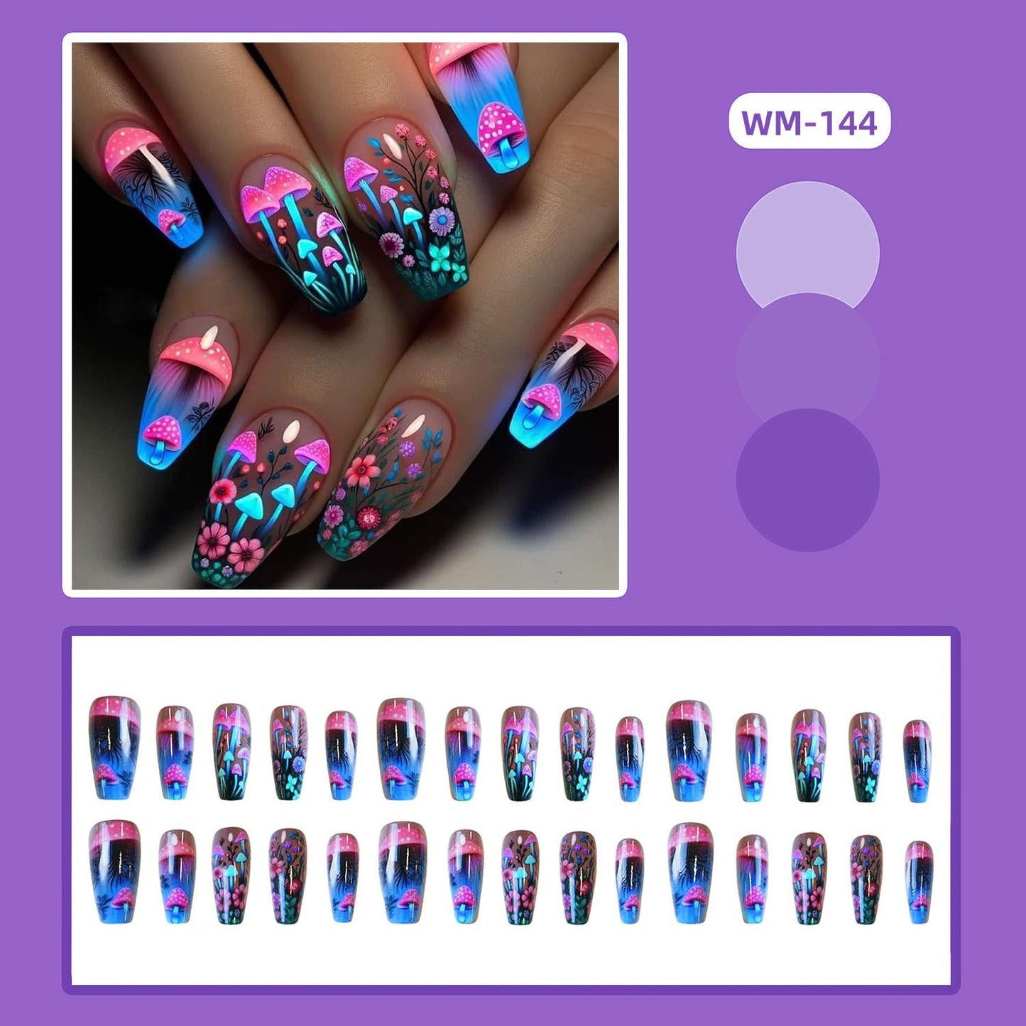 CJDLTS Mushroom Press on Nails Medium Ballet Shaped False Nails Fantasy Mushrooms and Flower Pattern Design Glitter Nails Full Cover Colorful Stick on Nails Artificial Acrylic Press Nails for Women