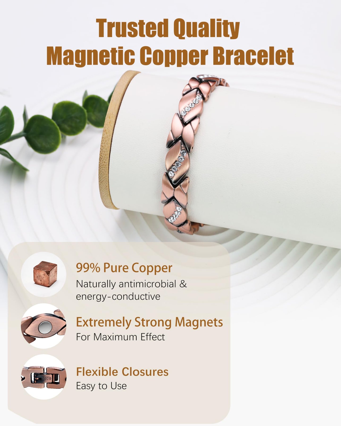 Jeracol Copper Bracelet & Ring for Women, 99.99% Pure Copper Magnetic Bracelet with 3500 Gauss, Adjustable Length Sizing Tool & Jewelry Box