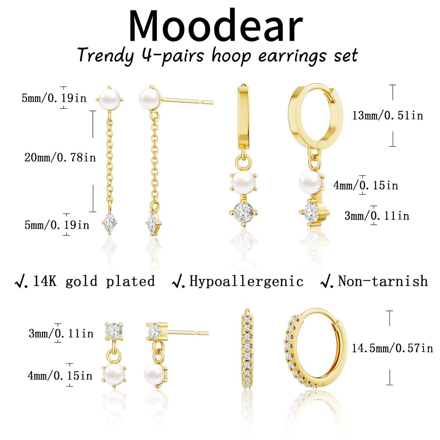 Moodear Dainty Pearl Drop Hoop Earrings for Women - Trendy 14K Gold Plated Dangle Stud Chain Baroque Pearls Hypoallergenic Earring Sets for Multiple Piercing