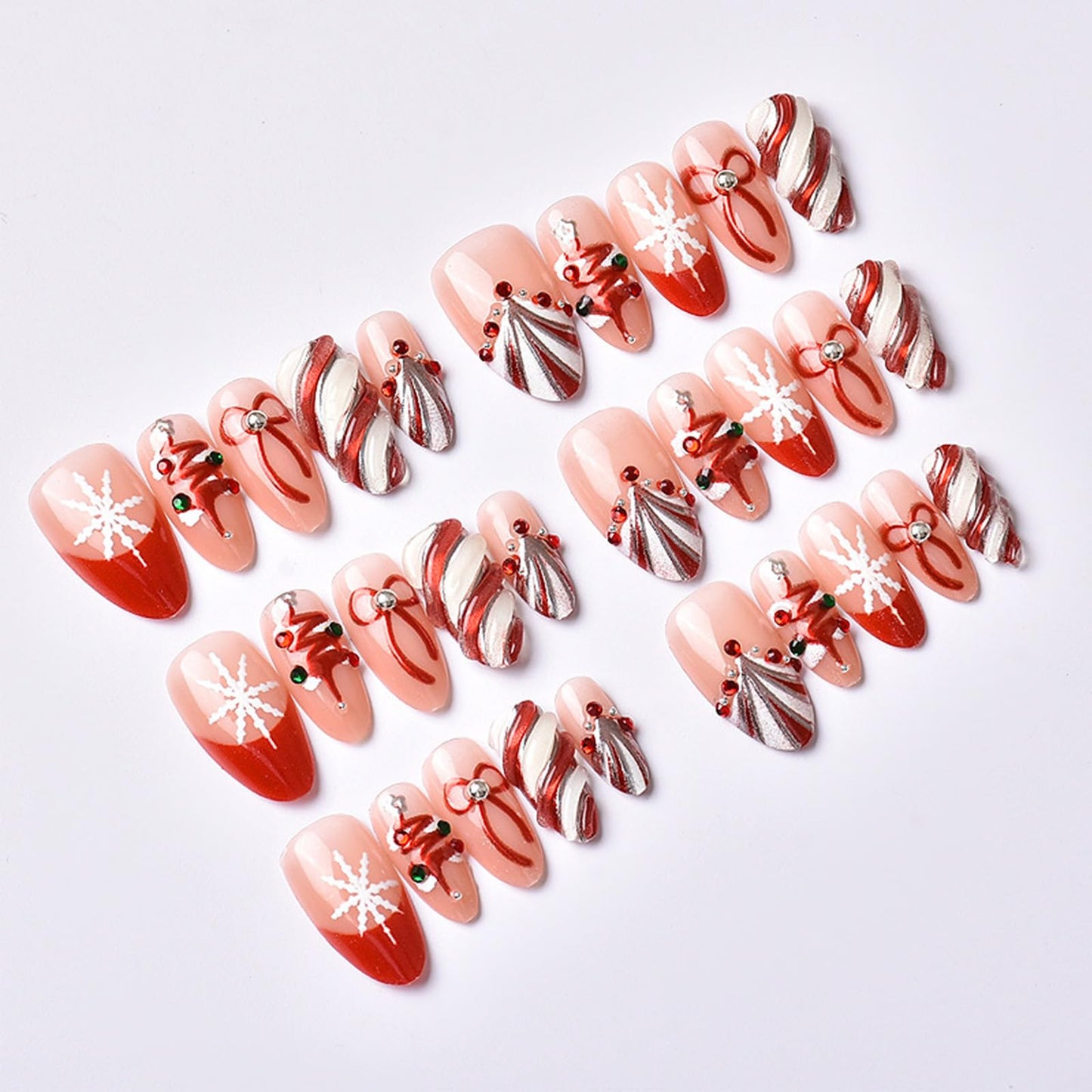 3D Christmas Tree Acrylic Fake Nail Glossy Red Colored Lantern Stick on Fingernails Snowflake Press on Nails 24Pcs Candy Cane Gel Glue on Nail Bow Tie Medium Almond False Nails for Women Xmas Gift