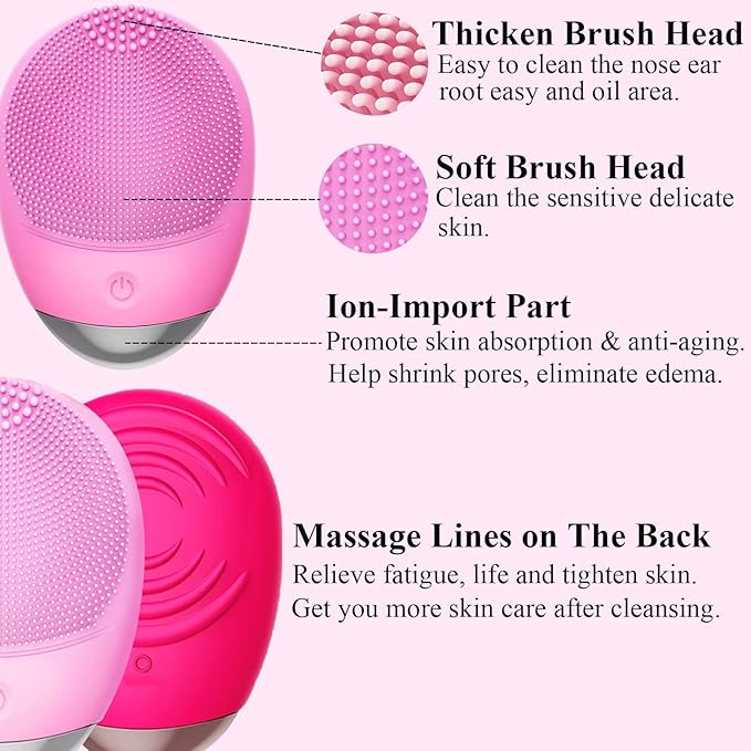 Facial Cleansing Brush, 3-in-1 Electric Soft Silicone Waterproof Face Scrubber, USB Rechargeable IPX7 Waterproof Sonic Vibrating Face Brush for Deep Cleansing, Gentle Exfoliating and Massaging