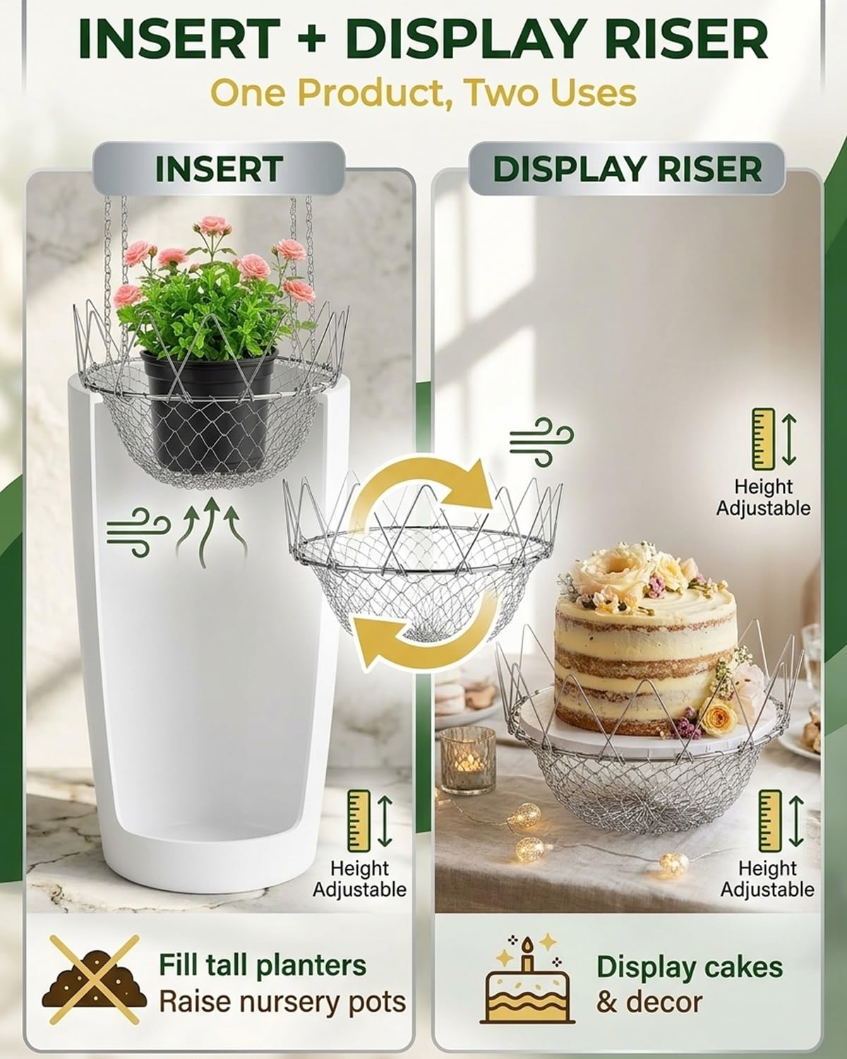 AIANR Adjustable Planter Insert, Stainless Steel Plant Riser with Adjustable Height Range, Fits Most Wide Top Pot Openings, Practical Liner Filler for Home Courtyard and Garden Container(1pc)