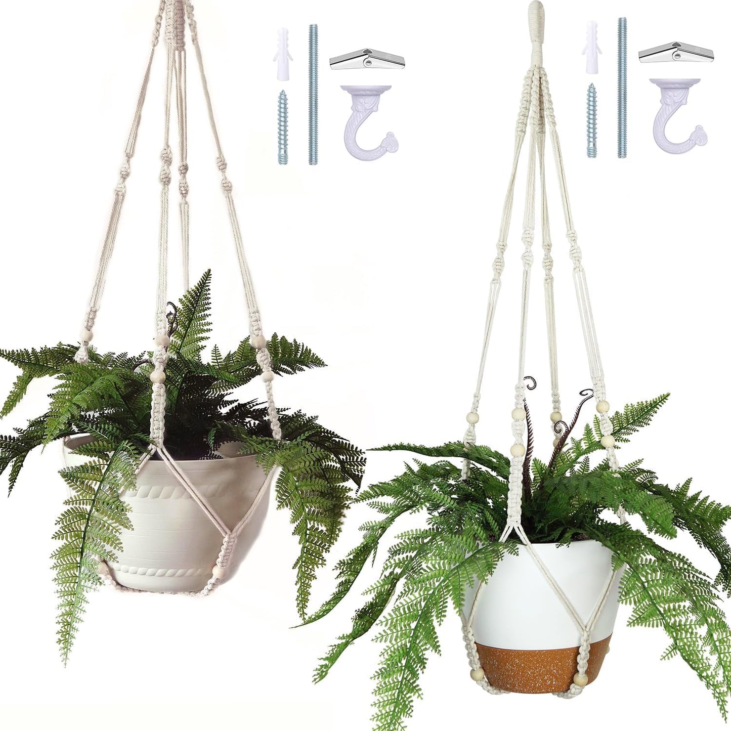 Bouqlife 43 Inches Macrame Plant Hanger Large for 14 inch Pot Extra Long No Tassel Cotton Rope Hanging Plant Holder with Ceiling Hook Bohemian Home Décor Beige 2Pack