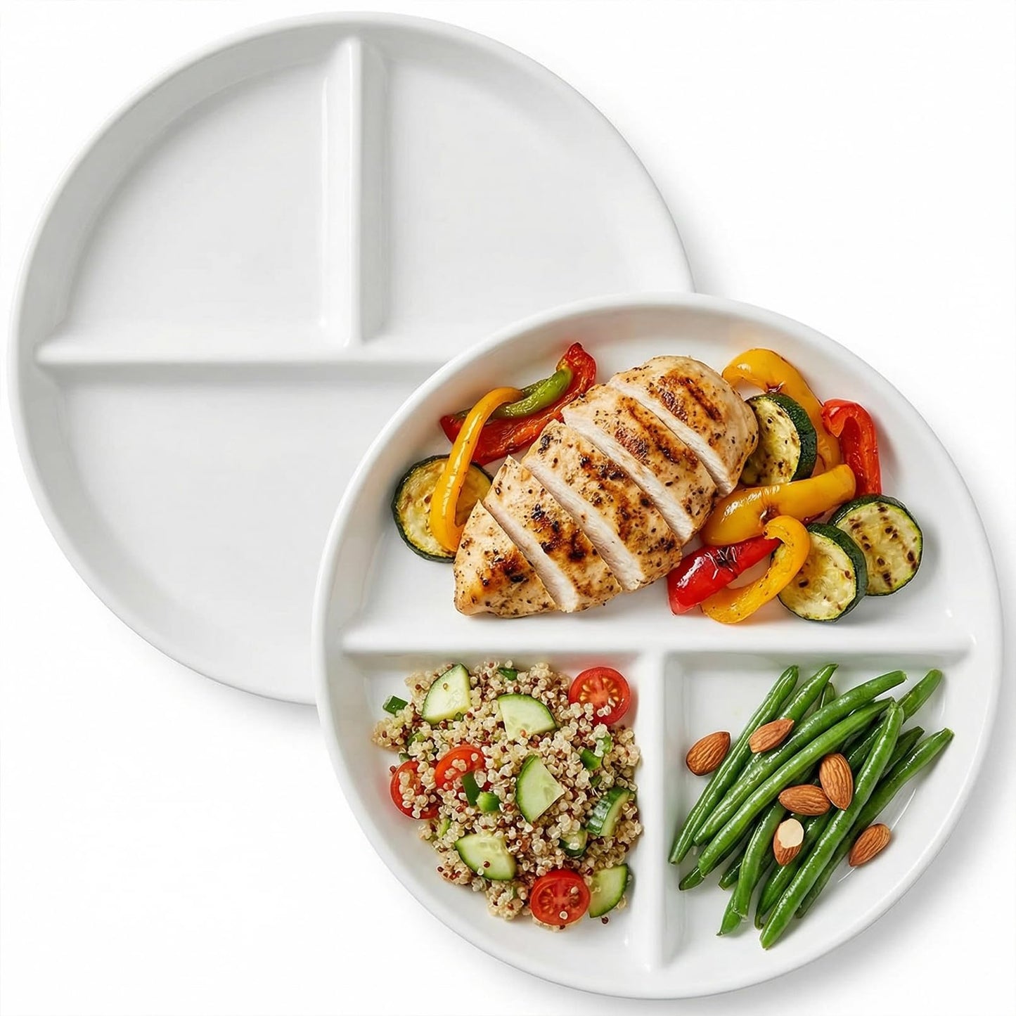 Enjamyo 2 Pcs Ceramic Portion Control Plate, 9 Inch Divided Plate, 3-Compartment Portion Plate, White Dinner Plates for Adults Weight Loss Healthy Eating Bariatric
