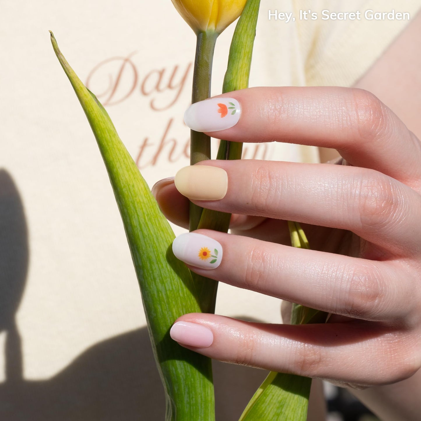 Heyhae Semi Cured Gel Nail Strips | No LED Lamp Needed |Yellow, Floral | Easy Apply & Remove, Salon Quality | Includes 28 Strips, 2 Prep Pads, Nail File & Wooden Stick - Hey, It’s Secret Garden