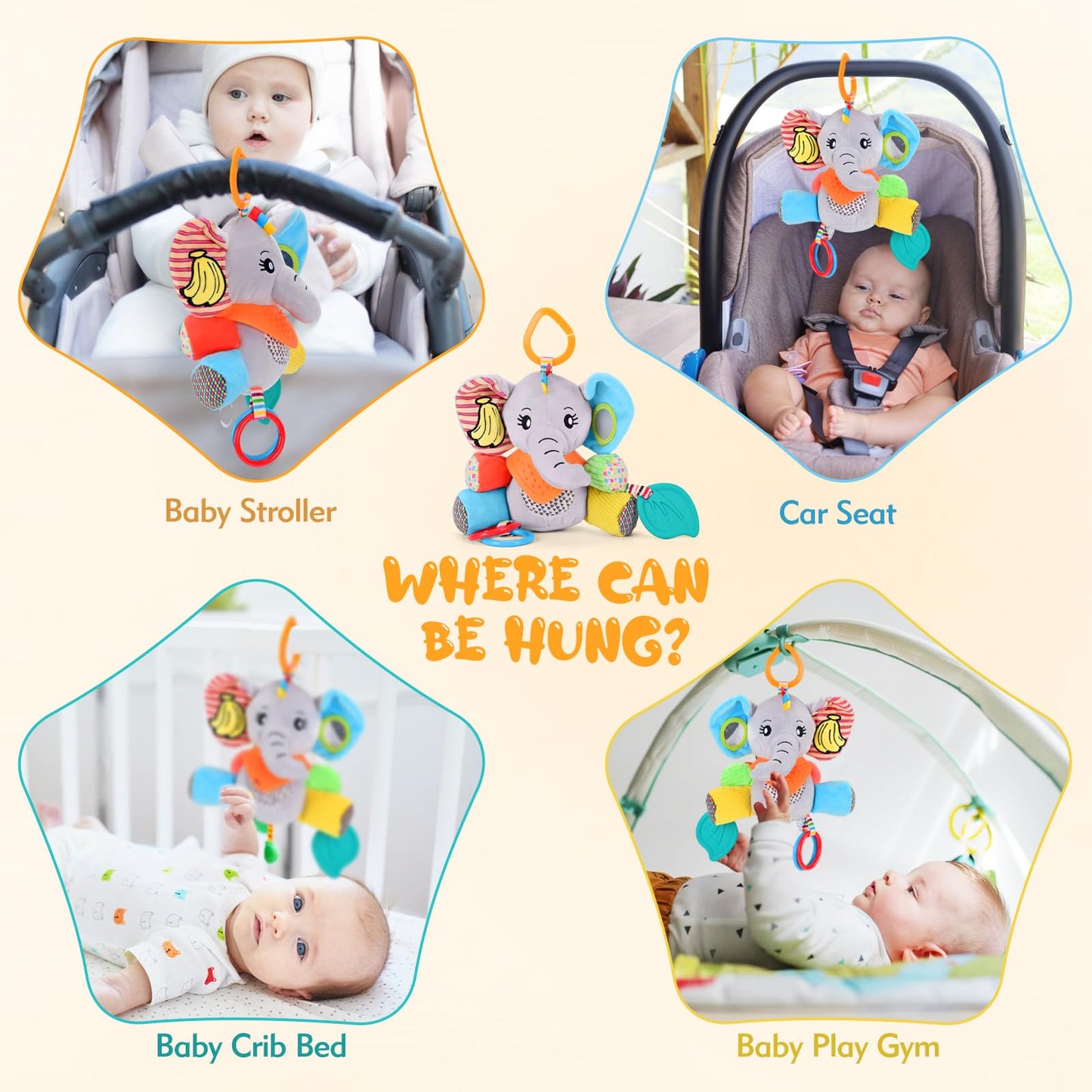 Baby Toys 0-12 Months Elephant with Detachable Touch-Sensitive Sound Box, 30 Sounds, Removable Bib, Teether, Rattle, BB Squeaker, Mirror for Strollers, Car Seats, Carriers